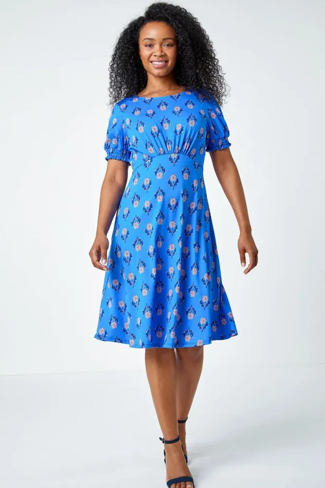 Blue Petite Floral Empire Stretch Dress Women Roman Dresses