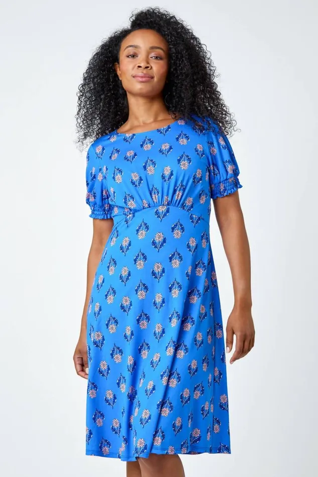 Blue Petite Floral Empire Stretch Dress Women Roman Dresses