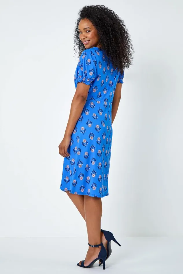 Blue Petite Floral Empire Stretch Dress Women Roman Dresses