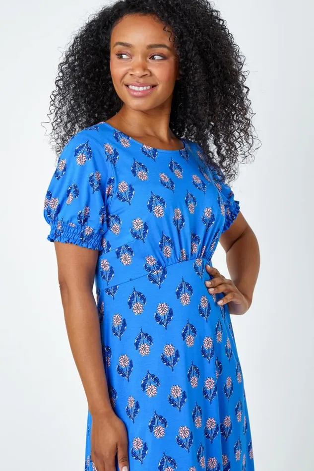 Blue Petite Floral Empire Stretch Dress Women Roman Dresses