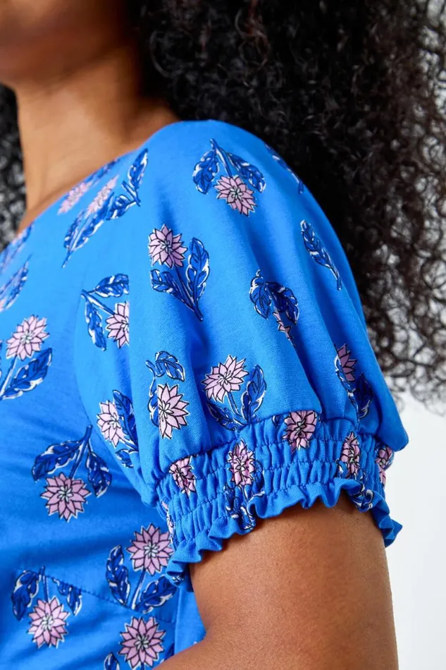 Blue Petite Floral Empire Stretch Dress Women Roman Dresses