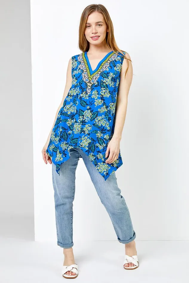 Blue Petite Floral Print Hanky Hem Top Women Roman Tops