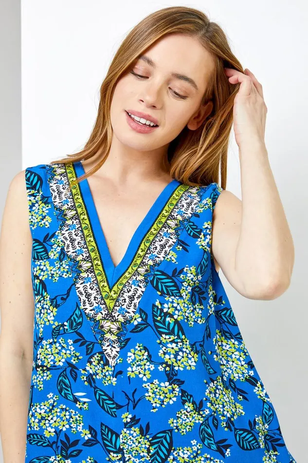 Blue Petite Floral Print Hanky Hem Top Women Roman Tops