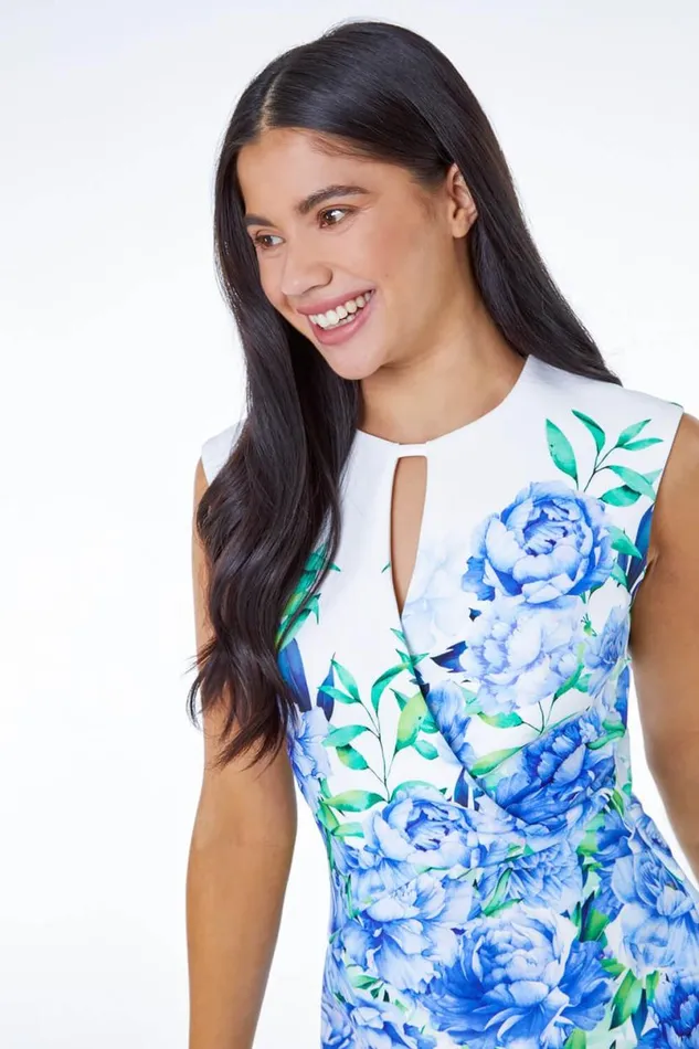 Blue Petite Floral Stretch Ruched Shift Dress Women Roman Dresses
