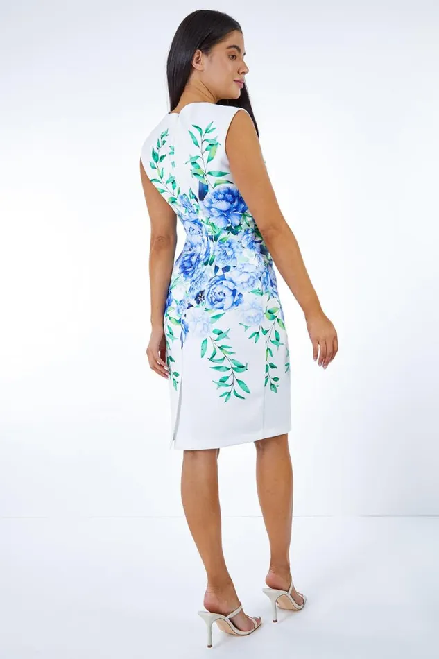 Blue Petite Floral Stretch Ruched Shift Dress Women Roman Dresses