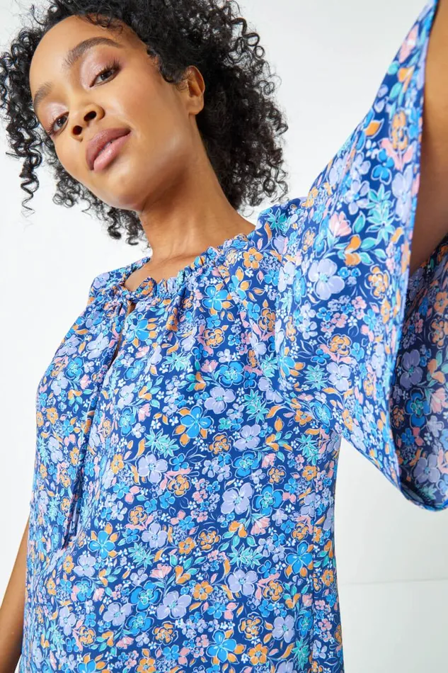 Blue Petite Frill Neck Floral Top Women Roman Tops
