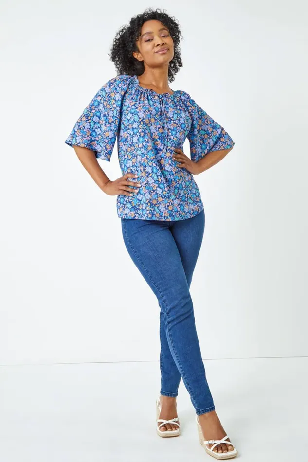 Blue Petite Frill Neck Floral Top Women Roman Tops