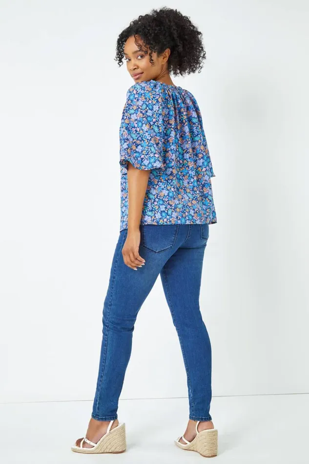 Blue Petite Frill Neck Floral Top Women Roman Tops