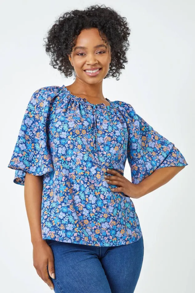 Blue Petite Frill Neck Floral Top Women Roman Tops