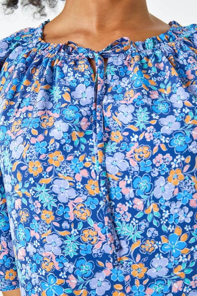 Blue Petite Frill Neck Floral Top Women Roman Tops