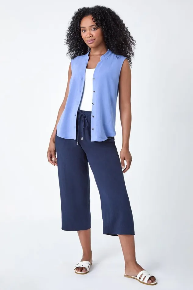 Blue Petite Linen Blend Sleeveless VNeck Blouse Women Roman Tops