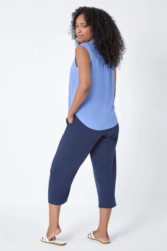 Blue Petite Linen Blend Sleeveless VNeck Blouse Women Roman Tops