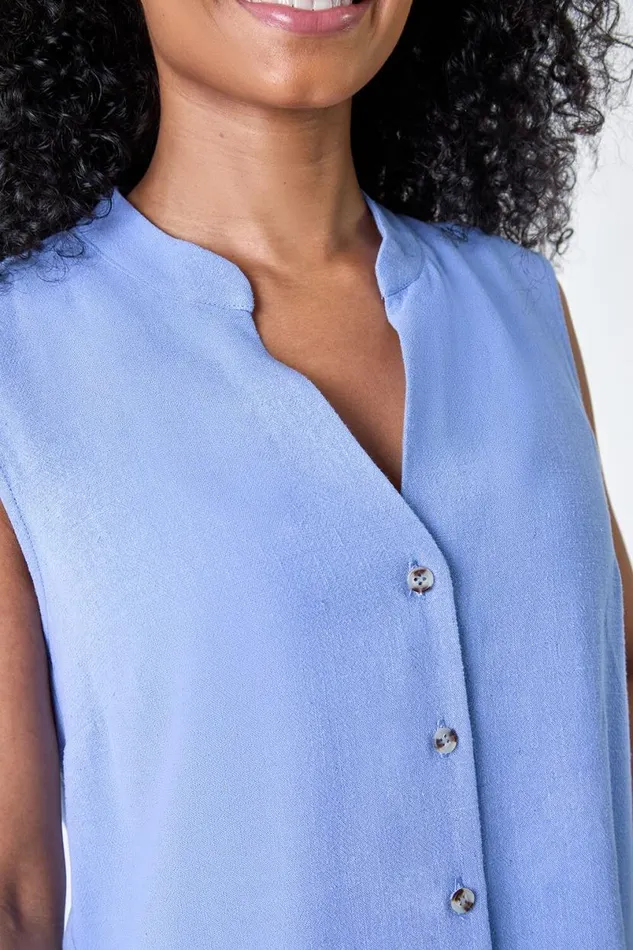 Blue Petite Linen Blend Sleeveless VNeck Blouse Women Roman Tops