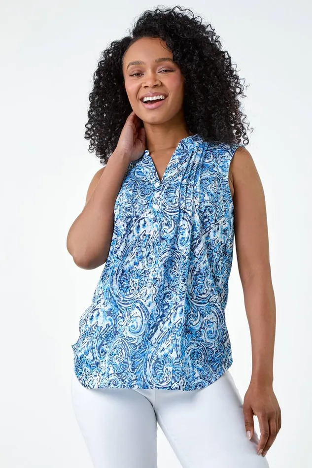 Blue Petite Paisley Pleat Front Button Top Women Roman Tops
