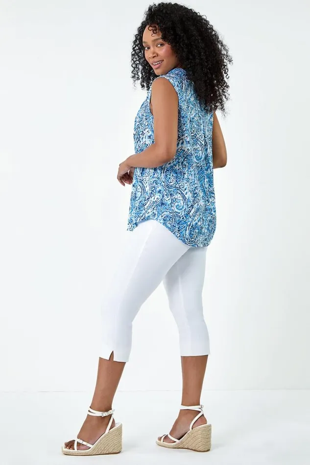 Blue Petite Paisley Pleat Front Button Top Women Roman Tops