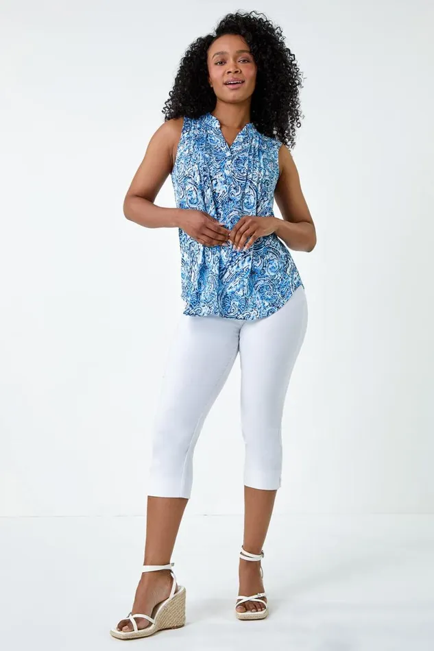 Blue Petite Paisley Pleat Front Button Top Women Roman Tops