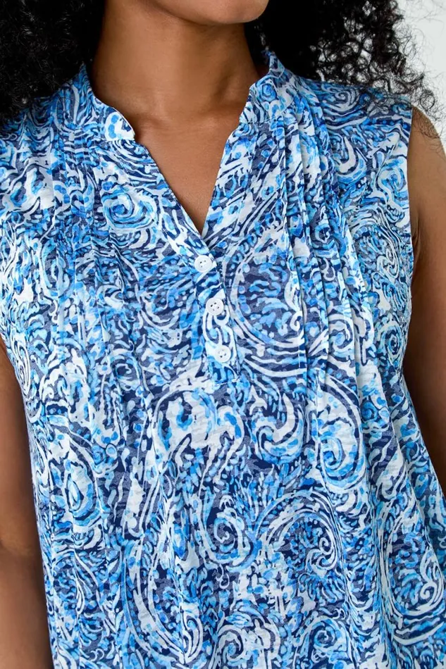 Blue Petite Paisley Pleat Front Button Top Women Roman Tops