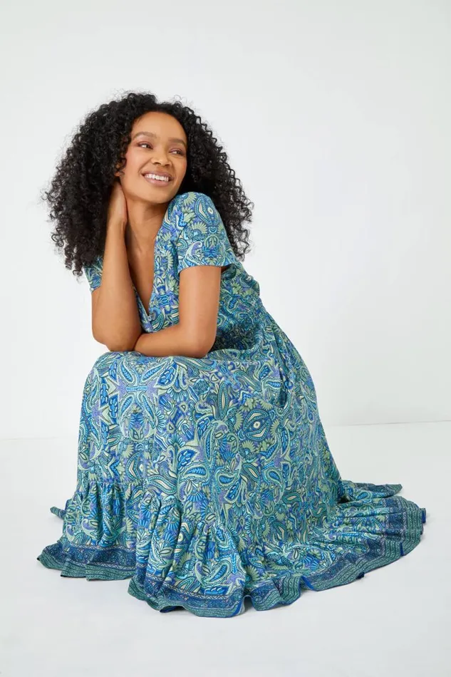 Blue Petite Paisley Print Frill Hem Midi Dress Women Roman Dresses