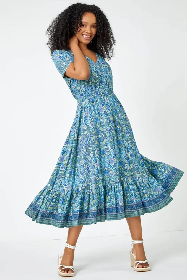 Blue Petite Paisley Print Frill Hem Midi Dress Women Roman Dresses