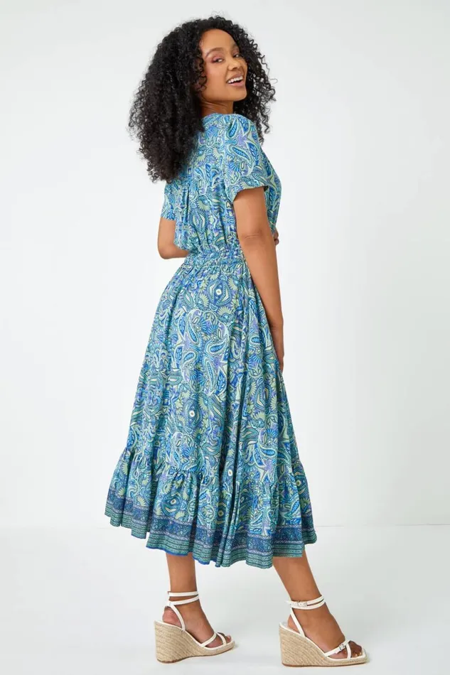 Blue Petite Paisley Print Frill Hem Midi Dress Women Roman Dresses