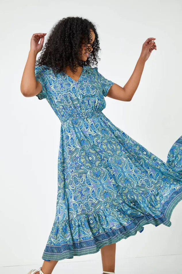 Blue Petite Paisley Print Frill Hem Midi Dress Women Roman Dresses