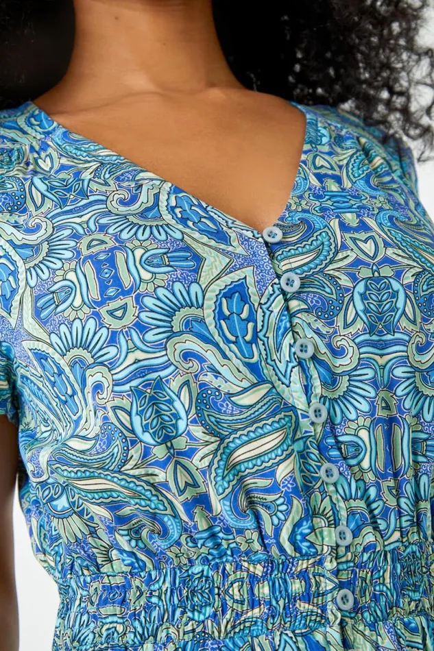 Blue Petite Paisley Print Frill Hem Midi Dress Women Roman Dresses
