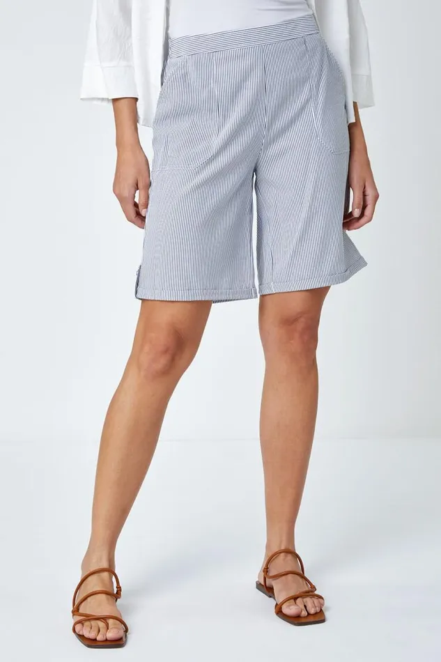 Blue Striped Turn Up Elastic Waist Shorts Women Roman Trousers