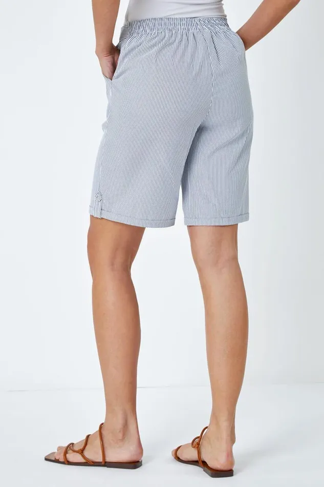 Blue Striped Turn Up Elastic Waist Shorts Women Roman Trousers