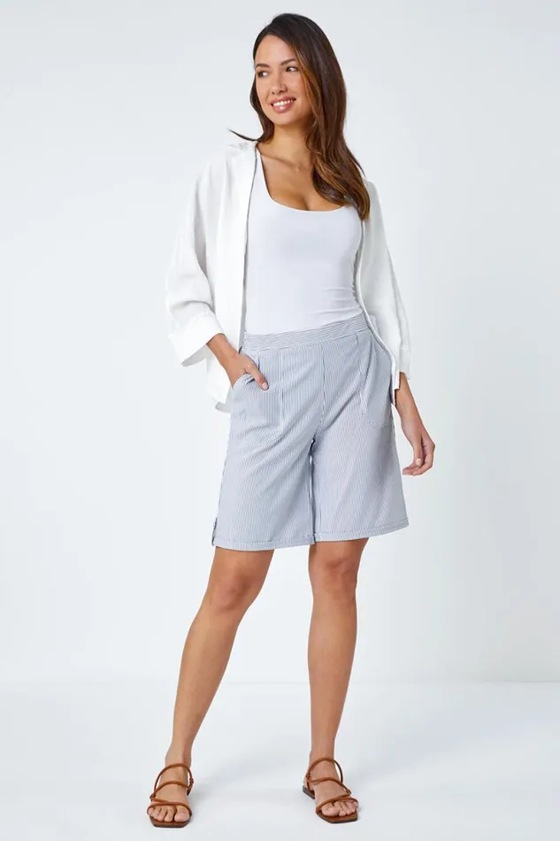 Blue Striped Turn Up Elastic Waist Shorts Women Roman Trousers