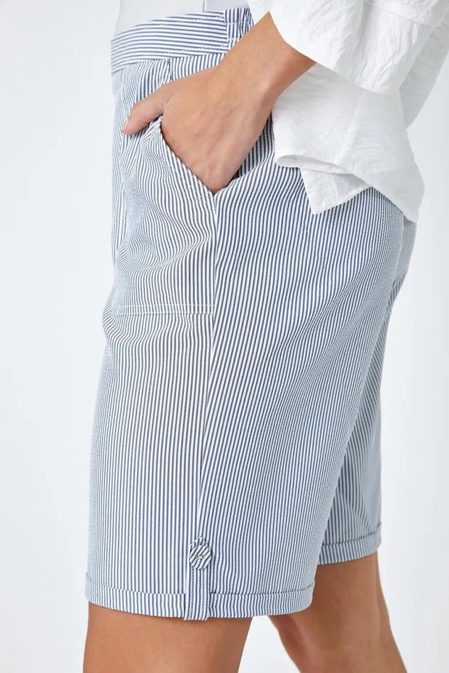 Blue Striped Turn Up Elastic Waist Shorts Women Roman Trousers