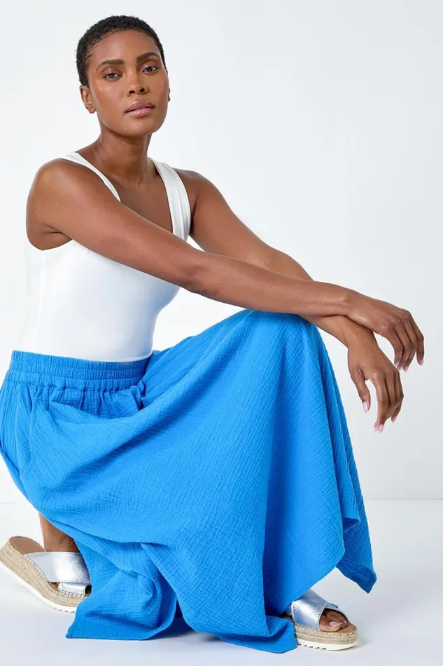 Blue Textured Cotton Elastic Waist A Line Maxi Skirt Women Roman Skirts