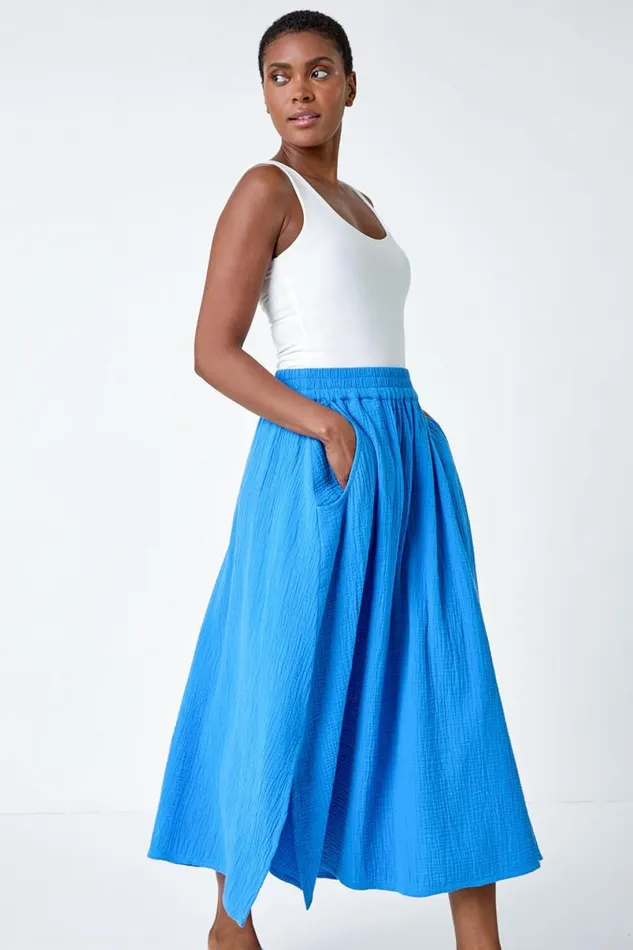 Blue Textured Cotton Elastic Waist A Line Maxi Skirt Women Roman Skirts