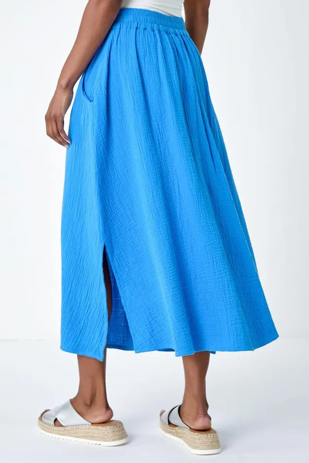 Blue Textured Cotton Elastic Waist A Line Maxi Skirt Women Roman Skirts