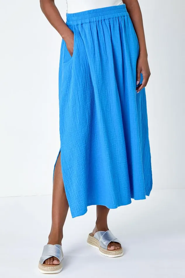 Blue Textured Cotton Elastic Waist A Line Maxi Skirt Women Roman Skirts