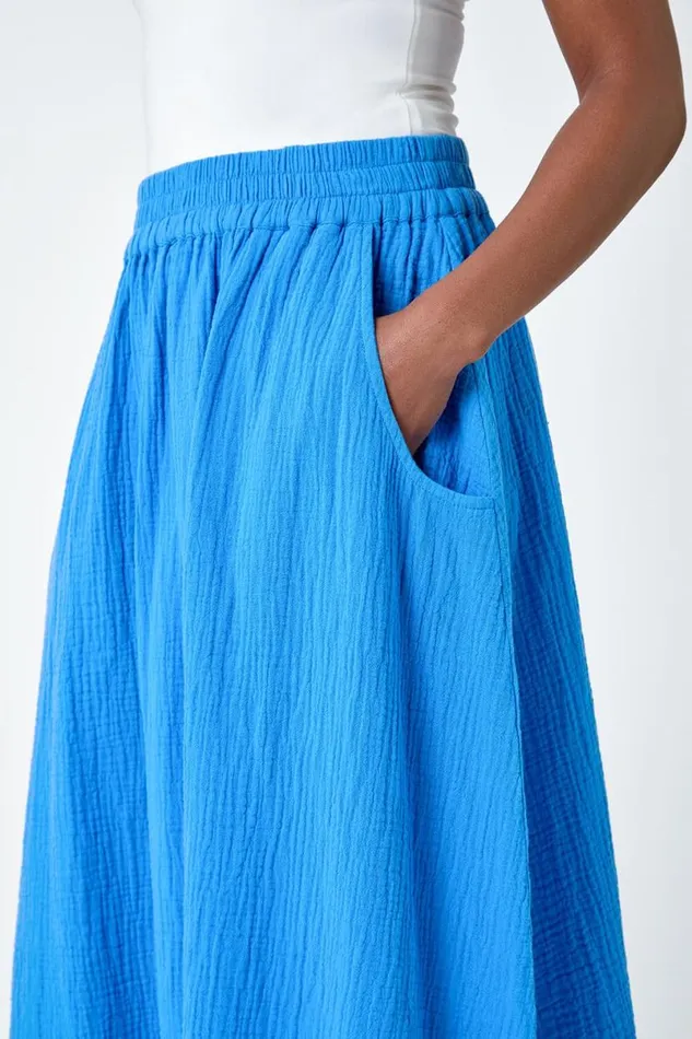 Blue Textured Cotton Elastic Waist A Line Maxi Skirt Women Roman Skirts