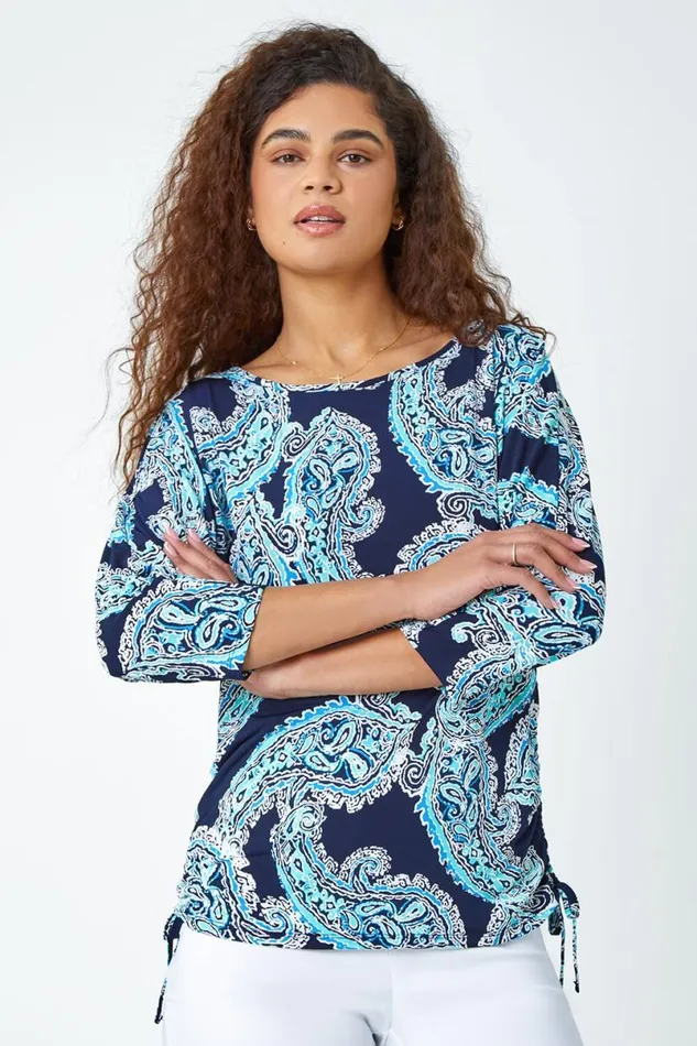 Blue Textured Paisley Print Stretch Top Women Roman Tops