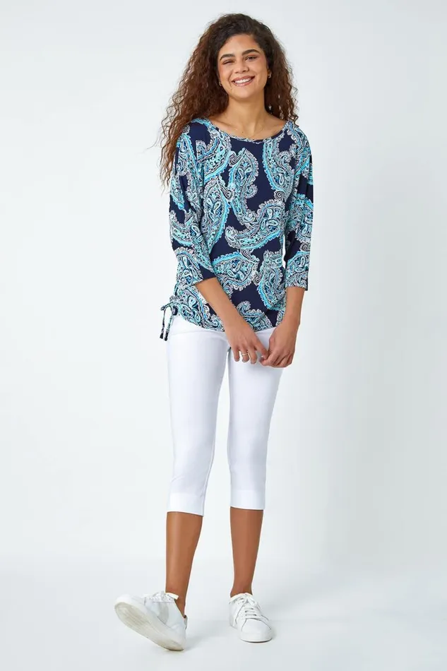 Blue Textured Paisley Print Stretch Top Women Roman Tops