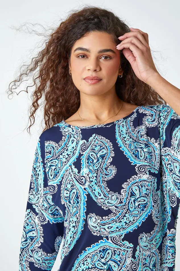 Blue Textured Paisley Print Stretch Top Women Roman Tops