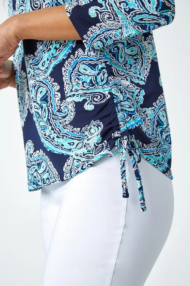 Blue Textured Paisley Print Stretch Top Women Roman Tops