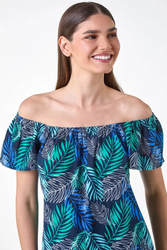 Blue Tropical Leaf Linen Blend Bardot Top Women Roman Tops