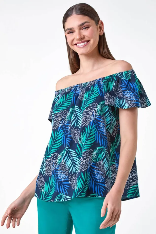 Blue Tropical Leaf Linen Blend Bardot Top Women Roman Tops