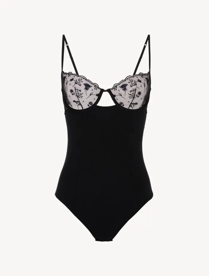 Bodysuit In Onyx With Embroidered Tulle Lingerie La Perla Bodysuits and Bustiers