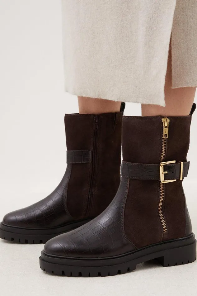 Boots Women Karen Millen Leather Croc Chunky Buckle Midcalf Boot Oxblood