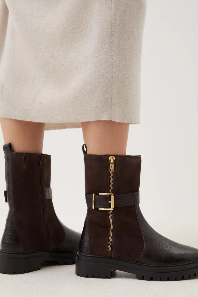 Boots Women Karen Millen Leather Croc Chunky Buckle Midcalf Boot Oxblood