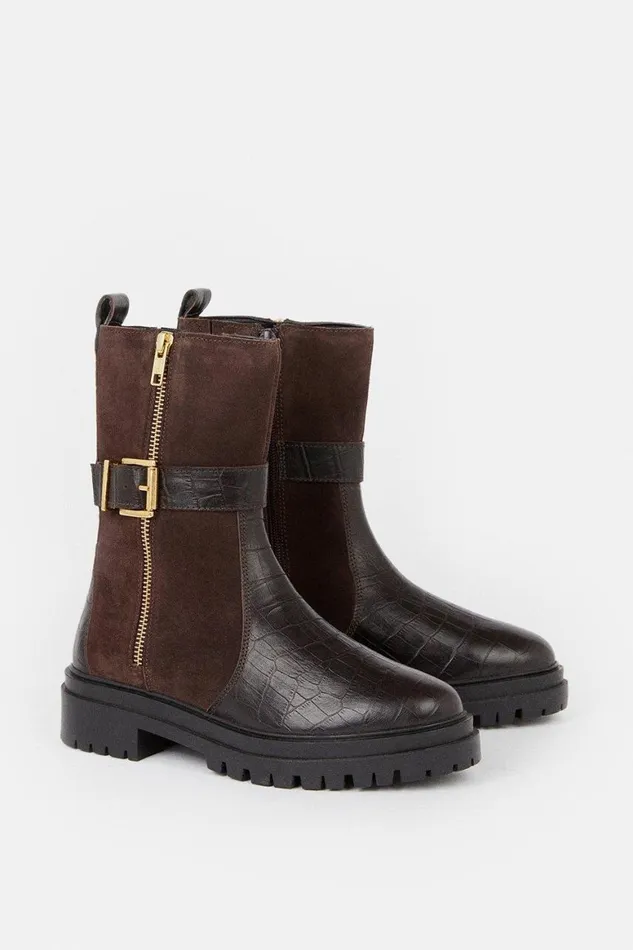 Boots Women Karen Millen Leather Croc Chunky Buckle Midcalf Boot Oxblood