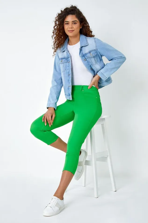 Bright Green Cropped Stretch Elastic Waist Denim Jegging Women Roman Trousers