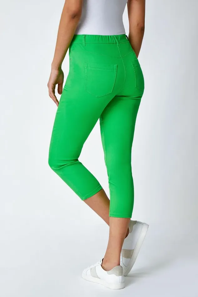 Bright Green Cropped Stretch Elastic Waist Denim Jegging Women Roman Trousers