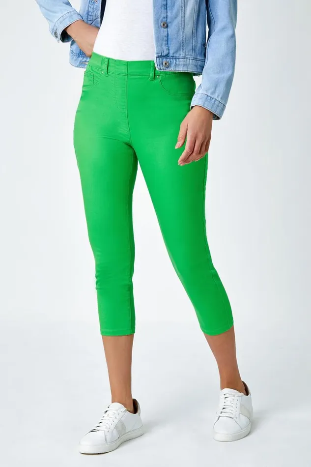Bright Green Cropped Stretch Elastic Waist Denim Jegging Women Roman Trousers