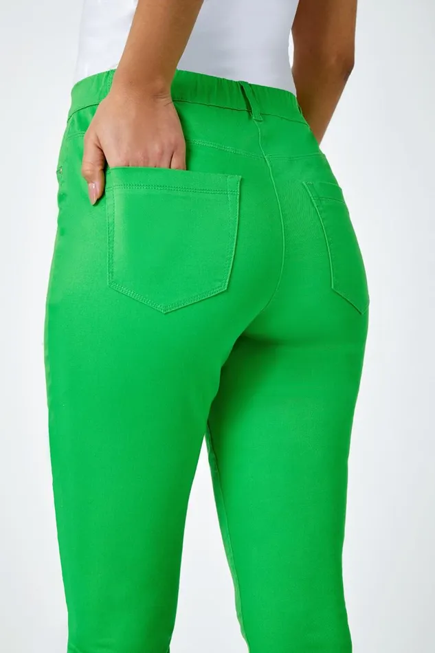 Bright Green Cropped Stretch Elastic Waist Denim Jegging Women Roman Trousers
