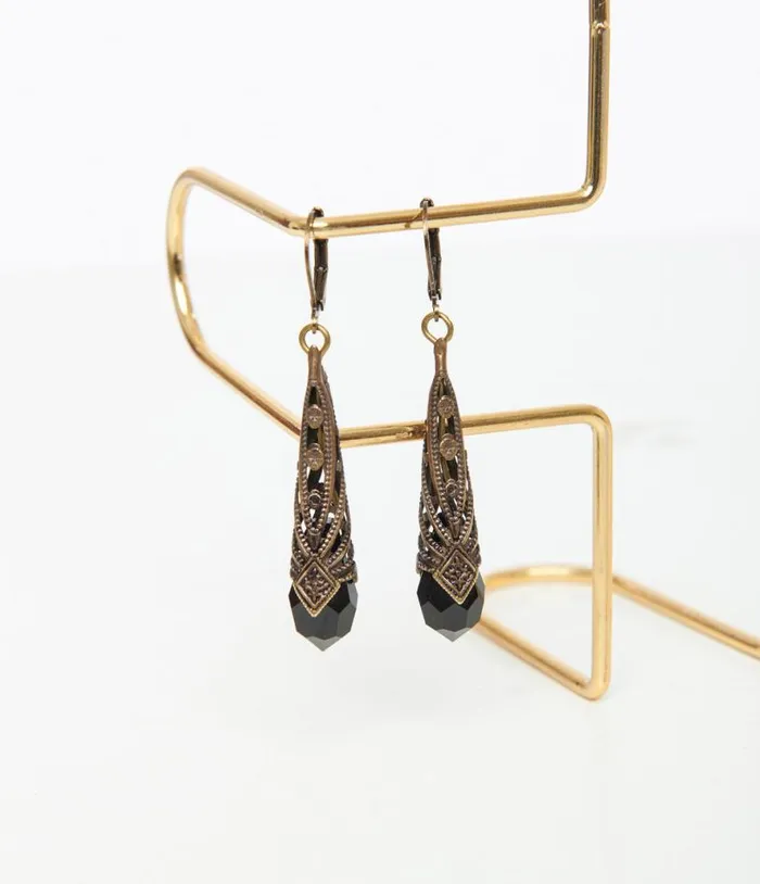 Bronze Art Deco and Black Rhinestone Drop Earrings Accessories Unique Vintage Earrings